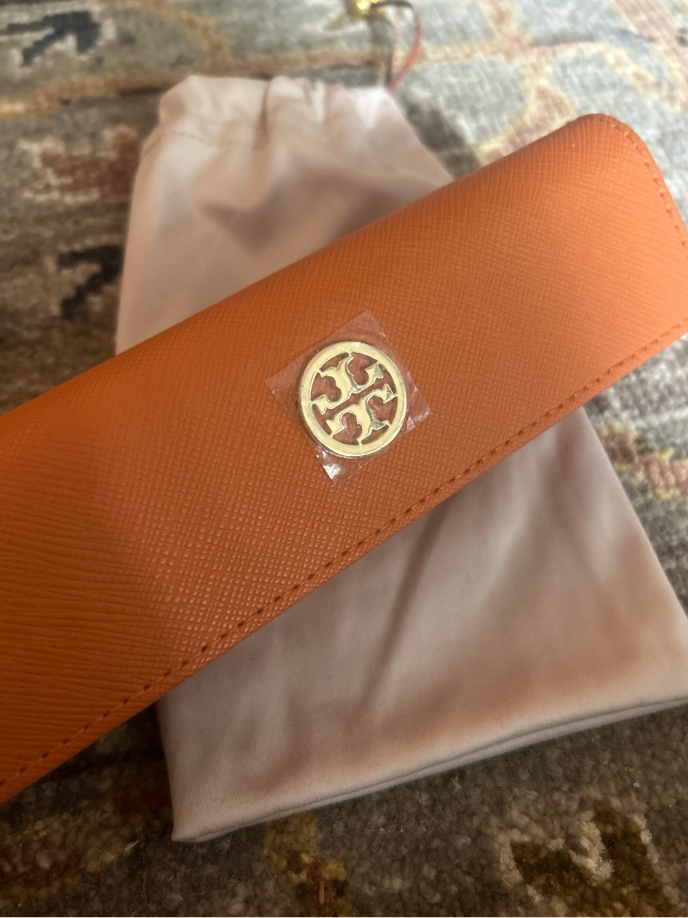Tory Burch Orange Textured Slim Eyeglass Case with Gold Logo